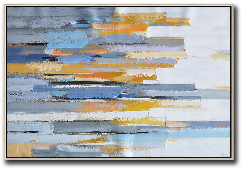 Large Wall Art Canvas,Oversized Horizontal Contemporary Art,Large Oil Canvas Art,White,Grey,Blue,Yellow.Etc